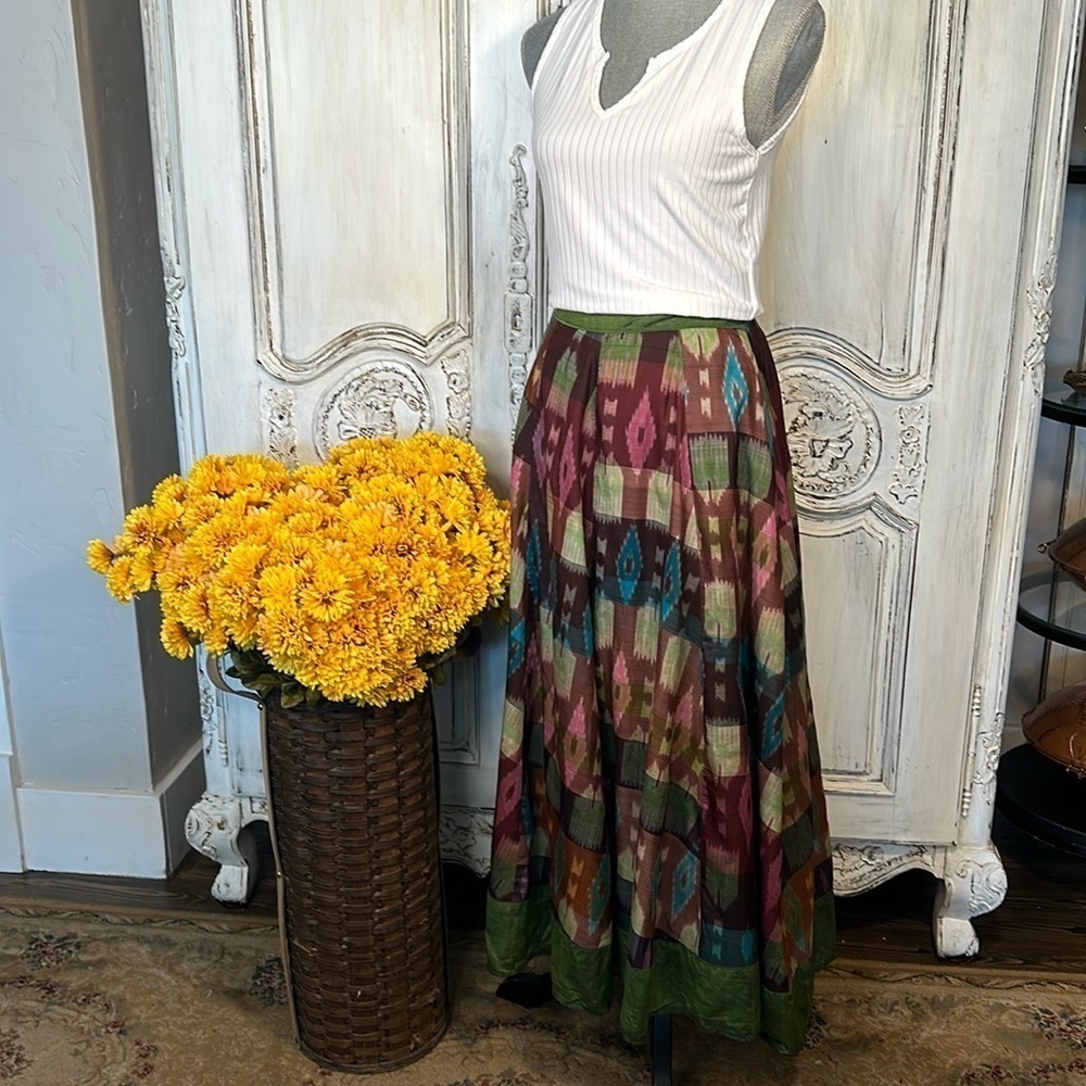 Bohemian Maxi Skirt in Olive & Wine Ikat Print